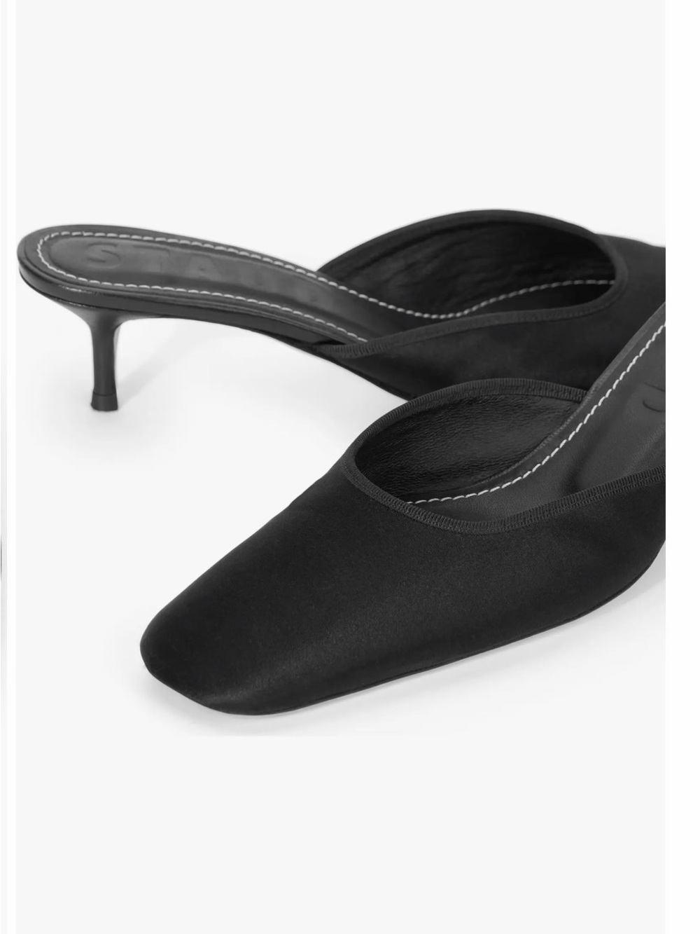 NWOT STAUD OTTO KITTEN HEEL MULES SATIN BLACK OPEN BACK $350